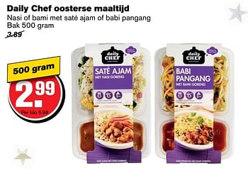 Aanbiedingen Daily chef oosterse maaltijd nasi of bami met saté ajam of babi pangang - Daily chef - Geldig van 14/12/2016 tot 20/12/2016 bij Hoogvliet