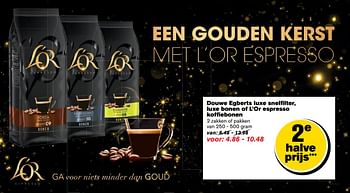 Aanbiedingen Douwe egberts luxe snelfi lter, luxe bonen of l`or espresso koffi ebonen - Douwe Egberts - Geldig van 14/12/2016 tot 20/12/2016 bij Hoogvliet