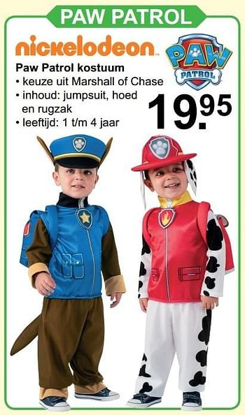 Aanbiedingen Paw patrol kostuum - Nickelodeon - Geldig van 19/12/2016 tot 07/01/2017 bij Van Cranenbroek
