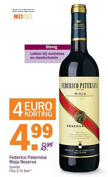Aanbiedingen Federico paternina rioja reserva - Rode wijnen - Geldig van 18/12/2016 tot 24/12/2016 bij Albert Heijn