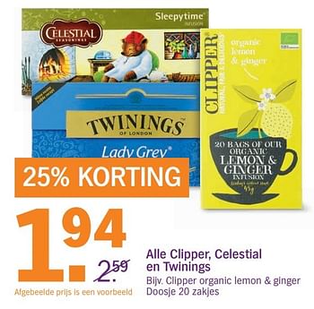 Aanbiedingen Clipper organic lemon & ginger - Clipper - Geldig van 18/12/2016 tot 24/12/2016 bij Albert Heijn