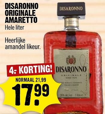 Aanbiedingen Disaronno originale amaretto hele liter - Disaronno - Geldig van 18/12/2016 tot 24/12/2016 bij Dirk III