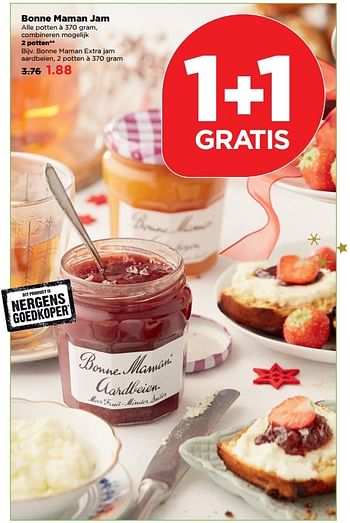 Aanbiedingen Bonne maman extra jam aardbeien - Bonne Maman - Geldig van 18/12/2016 tot 24/12/2016 bij Plus