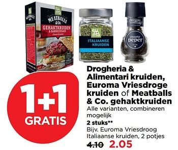 Aanbiedingen Euroma vriesdroog italiaanse kruiden - Meatballs &amp; Co - Geldig van 18/12/2016 tot 24/12/2016 bij Plus