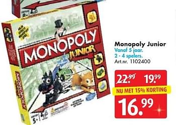 Aanbiedingen Monopoly junior - Hasbro - Geldig van 10/12/2016 tot 24/12/2016 bij Bart Smit