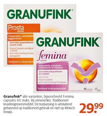 Aanbiedingen Granufink femina capsules - Granufink - Geldig van 18/12/2016 tot 24/12/2016 bij Etos