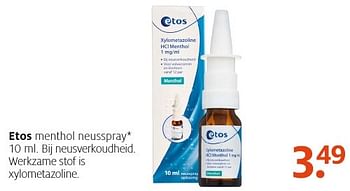 Aanbiedingen Etos menthol neusspray - Huismerk - Etos - Geldig van 18/12/2016 tot 24/12/2016 bij Etos