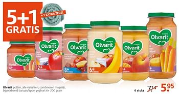 Aanbiedingen Olvarit banaan-appel yoghurt - Olvarit - Geldig van 18/12/2016 tot 24/12/2016 bij Etos