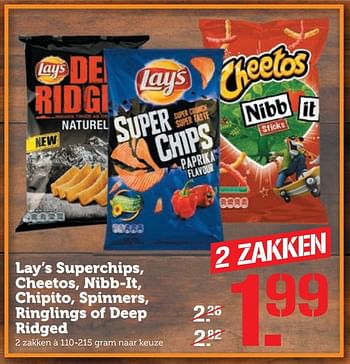 Aanbiedingen Lay`s superchips, cheetos, nibb-it, chipito, spinners, ringlings of deep ridged - Lay's - Geldig van 19/12/2016 tot 25/12/2016 bij Coop