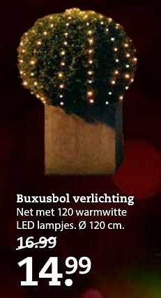 Aanbiedingen Buxusbol verlichting net met 120 warmwitte led lampjes - Huismerk- Boerenbond - Geldig van 11/12/2016 tot 25/12/2016 bij Boerenbond