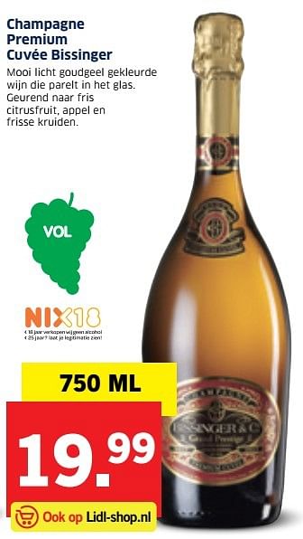 Aanbiedingen Champagne premium cuvée bissinger - Champagne - Geldig van 19/12/2016 tot 25/12/2016 bij Lidl