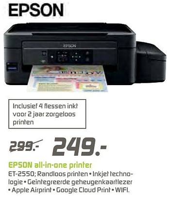 Aanbiedingen Epson all-in-one printer et-2550 - Epson - Geldig van 12/12/2016 tot 26/12/2016 bij BCC