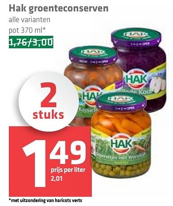 Aanbiedingen Hak groenteconserven - Hak - Geldig van 16/12/2016 tot 26/12/2016 bij Spar