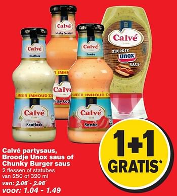 Aanbiedingen Calvé partysaus, broodje unox saus of chunky burger saus - Calve - Geldig van 21/12/2016 tot 26/12/2016 bij Hoogvliet