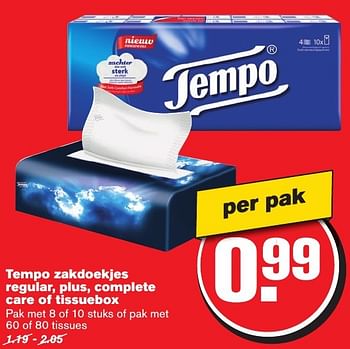 Aanbiedingen Tempo zakdoekjes regular, plus, complete care of tissuebox - Tempo - Geldig van 21/12/2016 tot 26/12/2016 bij Hoogvliet