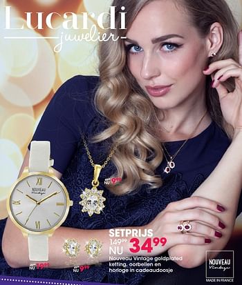 Aanbiedingen Nouveau vintage goldplated ketting, oorbellen en horloge in cadeaudoosje - Huismerk - Lucardi - Geldig van 05/12/2016 tot 31/12/2016 bij Lucardi