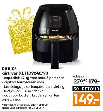 Aanbiedingen Philips airfryer xl hd9240-90 - Philips - Geldig van 17/12/2016 tot 31/12/2016 bij Blokker