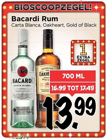 Aanbiedingen Bacardi rum carta blanca, oakheart, gold of black - Bacardi - Geldig van 25/12/2016 tot 31/12/2016 bij Vomar