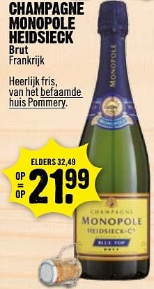 Aanbiedingen Champagne monopole heidsieck brut frankrijk - Champagne - Geldig van 25/12/2016 tot 31/12/2016 bij Dirk III