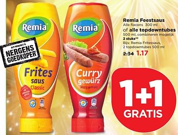 Aanbiedingen Remia fritessaus, 2 topdowntubes - Remia - Geldig van 25/12/2016 tot 31/12/2016 bij Plus