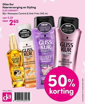 Aanbiedingen Shampoo control + anti-frizz - Gliss Kur - Geldig van 27/12/2016 tot 31/12/2016 bij da