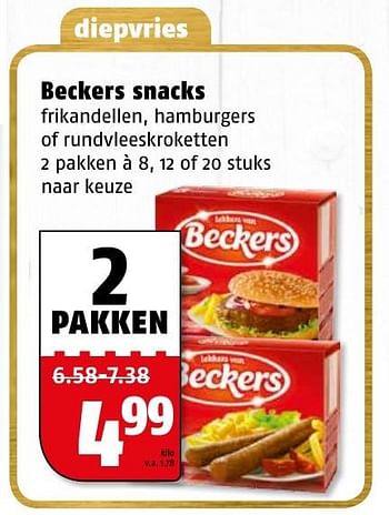 Aanbiedingen Beckers snacks frikandellen, hamburgers of rundvleeskroketten - Beckers - Geldig van 27/12/2016 tot 31/12/2016 bij Poiesz