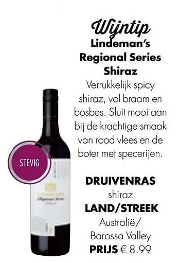 Aanbiedingen Lindeman`s regional series shiraz - Rode wijnen - Geldig van 13/12/2016 tot 31/12/2016 bij Albert Heijn