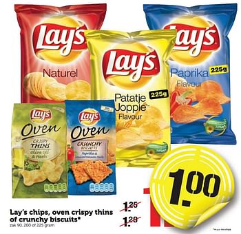 Aanbiedingen Lay`s chips, oven crispy thins of crunchy biscuits - Lay's - Geldig van 26/12/2016 tot 01/01/2017 bij Coop