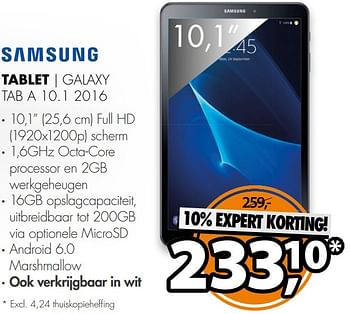 Aanbiedingen Samsung tablet galaxy tab a 10.1 2016 - Samsung - Geldig van 29/12/2016 tot 31/12/2016 bij Expert