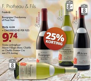 Aanbiedingen F. protheau + fils frankrijk bourgogne chardonnay of pinot noir - Rode wijnen - Geldig van 19/12/2016 tot 31/12/2016 bij Mitra