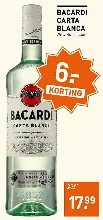 Aanbiedingen Bacardi carta blanca witte rum - Bacardi - Geldig van 14/12/2016 tot 01/01/2017 bij Gall & Gall