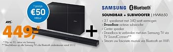 Aanbiedingen Samsung soundbar + subwoofer hwk650 - Samsung - Geldig van 18/12/2016 tot 01/01/2017 bij Expert