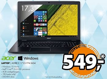 Aanbiedingen Acer laptop aspire e 17 e5-774-36d4 - Acer - Geldig van 18/12/2016 tot 01/01/2017 bij Expert