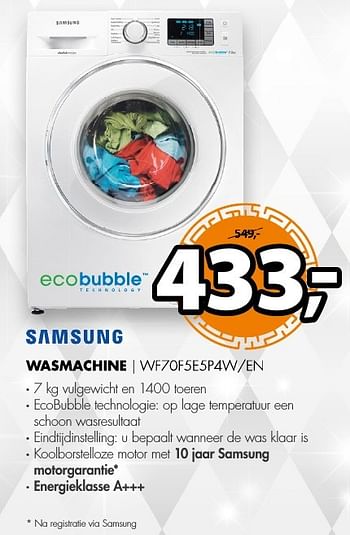 Aanbiedingen Samsung wasmachine wf70f5e5p4w-en - Samsung - Geldig van 18/12/2016 tot 01/01/2017 bij Expert