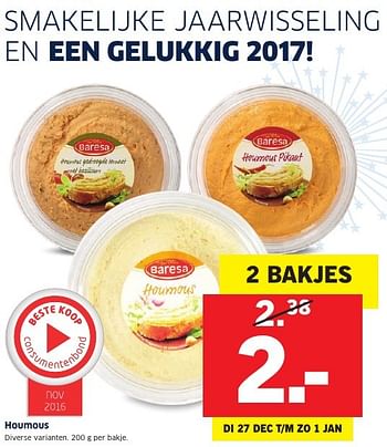 Aanbiedingen Houmous - Baresa - Geldig van 26/12/2016 tot 01/01/2017 bij Lidl