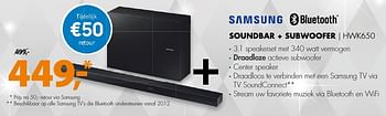 Aanbiedingen Samsung soundbar + subwoofer hwk650 - Samsung - Geldig van 19/12/2016 tot 01/01/2017 bij Expert
