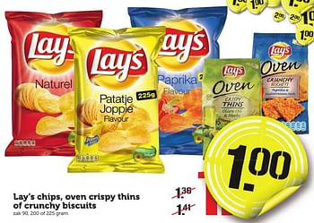 Aanbiedingen Lay`s chips, oven crispy thins of crunchy biscuits - Lay's - Geldig van 26/12/2016 tot 01/01/2017 bij Coop