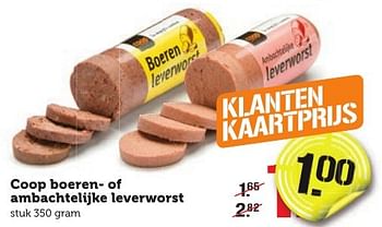 Aanbiedingen Coop boeren- of ambachtelijke leverworst - Huismerk - Coop - Geldig van 26/12/2016 tot 01/01/2017 bij Coop