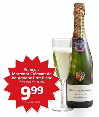 Aanbiedingen François martenot crémant de bourgogne brut blanc - Schuimwijnen - Geldig van 27/12/2016 tot 01/01/2017 bij Jan Linders