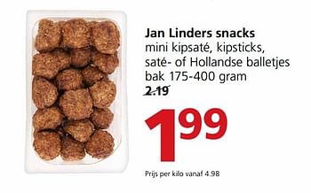 Aanbiedingen Jan linders snacks mini kipsaté, kipsticks, saté- of hollandse balletjes - Huismerk - Jan Linders - Geldig van 27/12/2016 tot 01/01/2017 bij Jan Linders