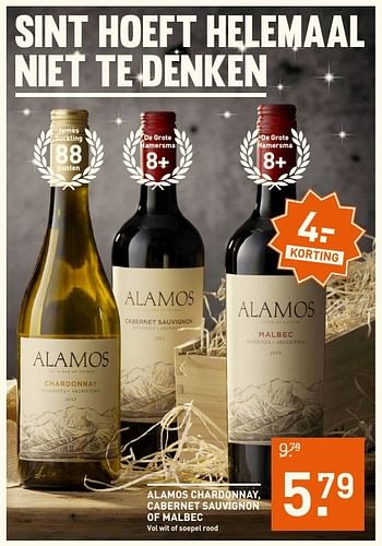 Aanbiedingen Alamos chardonnay, cabernet sauvignon of malbec - Rode wijnen - Geldig van 04/12/2016 tot 05/12/2016 bij Gall & Gall