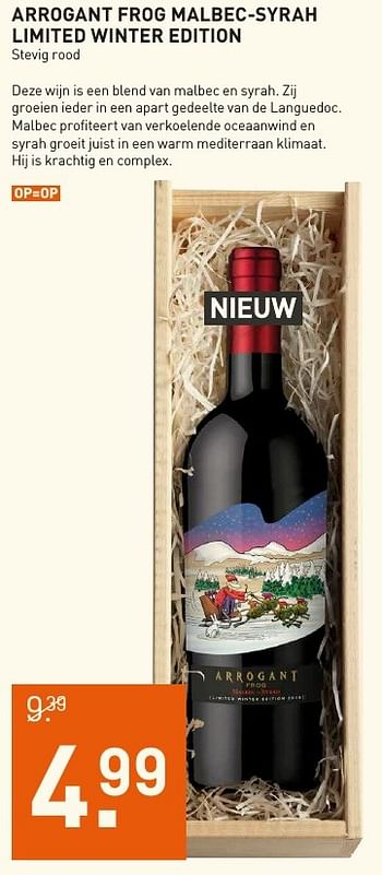Aanbiedingen Arrogant frog malbec-syrah limited winter edition - Rode wijnen - Geldig van 04/12/2016 tot 05/12/2016 bij Gall & Gall