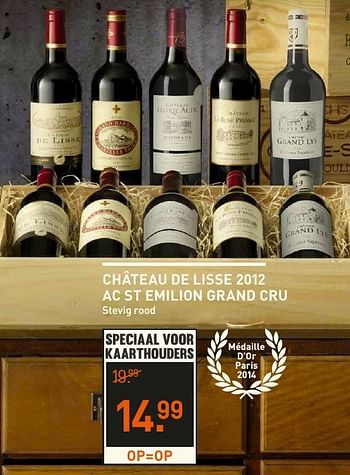 Aanbiedingen Château de lisse 2012 ac st emilion grand cru stevig rood - Rode wijnen - Geldig van 04/12/2016 tot 05/12/2016 bij Gall & Gall