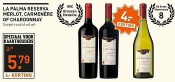 Aanbiedingen La palma reserva merlot, carmenère of chardonnay - Rode wijnen - Geldig van 04/12/2016 tot 05/12/2016 bij Gall & Gall