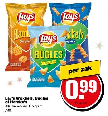 Aanbiedingen Lay`s wokkels, bugles of hamka`s - Lay's - Geldig van 27/12/2016 tot 03/01/2017 bij Hoogvliet