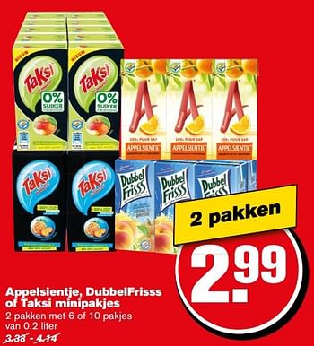 Aanbiedingen Appelsientje, dubbelfrisss of taksi minipakjes - Dubbelfrisss - Geldig van 27/12/2016 tot 03/01/2017 bij Hoogvliet