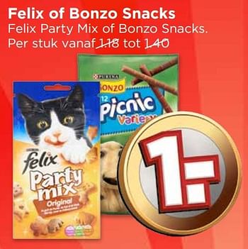 Aanbiedingen Felix of bonzo snacks felix party mix of bonzo snacks - Huismerk Vomar - Geldig van 01/01/2017 tot 07/01/2017 bij Vomar