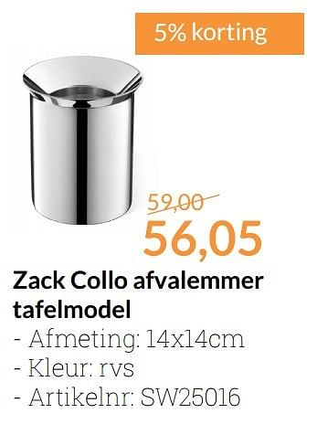 Aanbiedingen Zack collo afvalemmer tafelmodel - Zack - Geldig van 01/01/2017 tot 31/01/2017 bij Sanitairwinkel