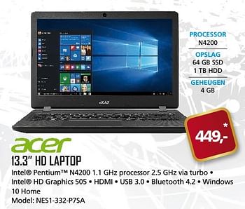 Aanbiedingen Acer 13.3 hd laptop - Acer - Geldig van 11/12/2016 tot 17/01/2017 bij ITprodeals