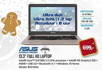 Aanbiedingen Asus 13.3 full hd laptop - Asus - Geldig van 11/12/2016 tot 17/01/2017 bij ITprodeals